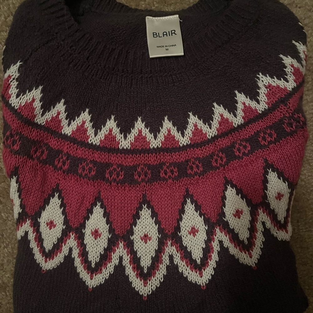 Blair Pink and White Crew Neck Sweater with Nordic Pattern
